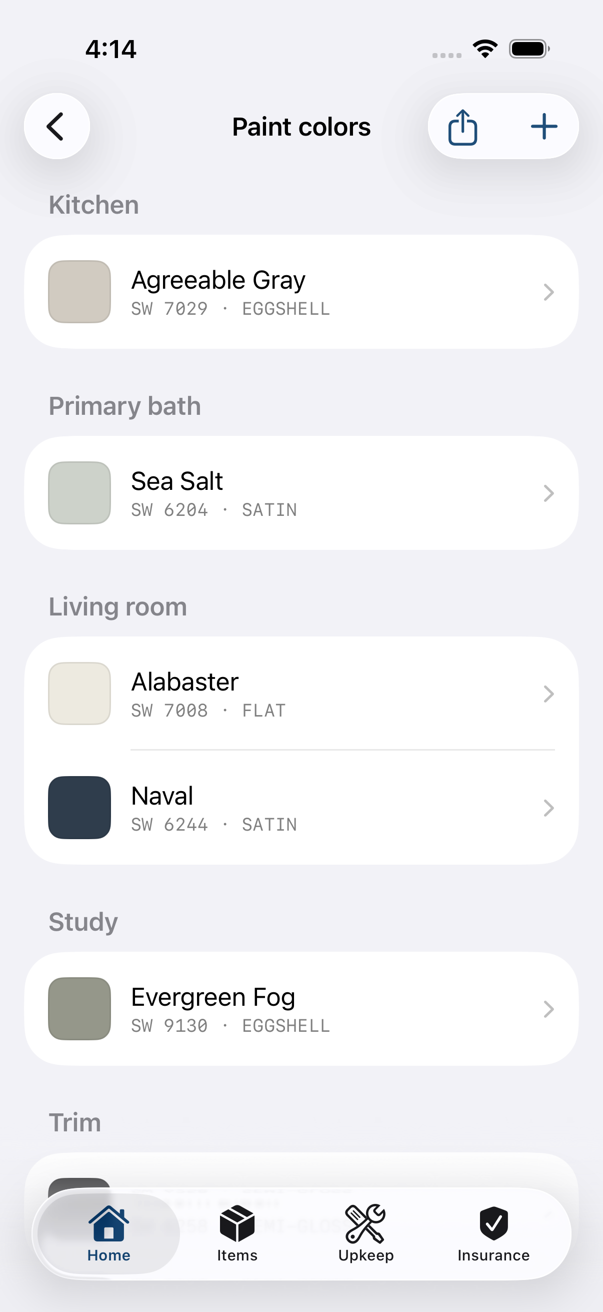 Saved paint colors with true-to-life chips, grouped by room