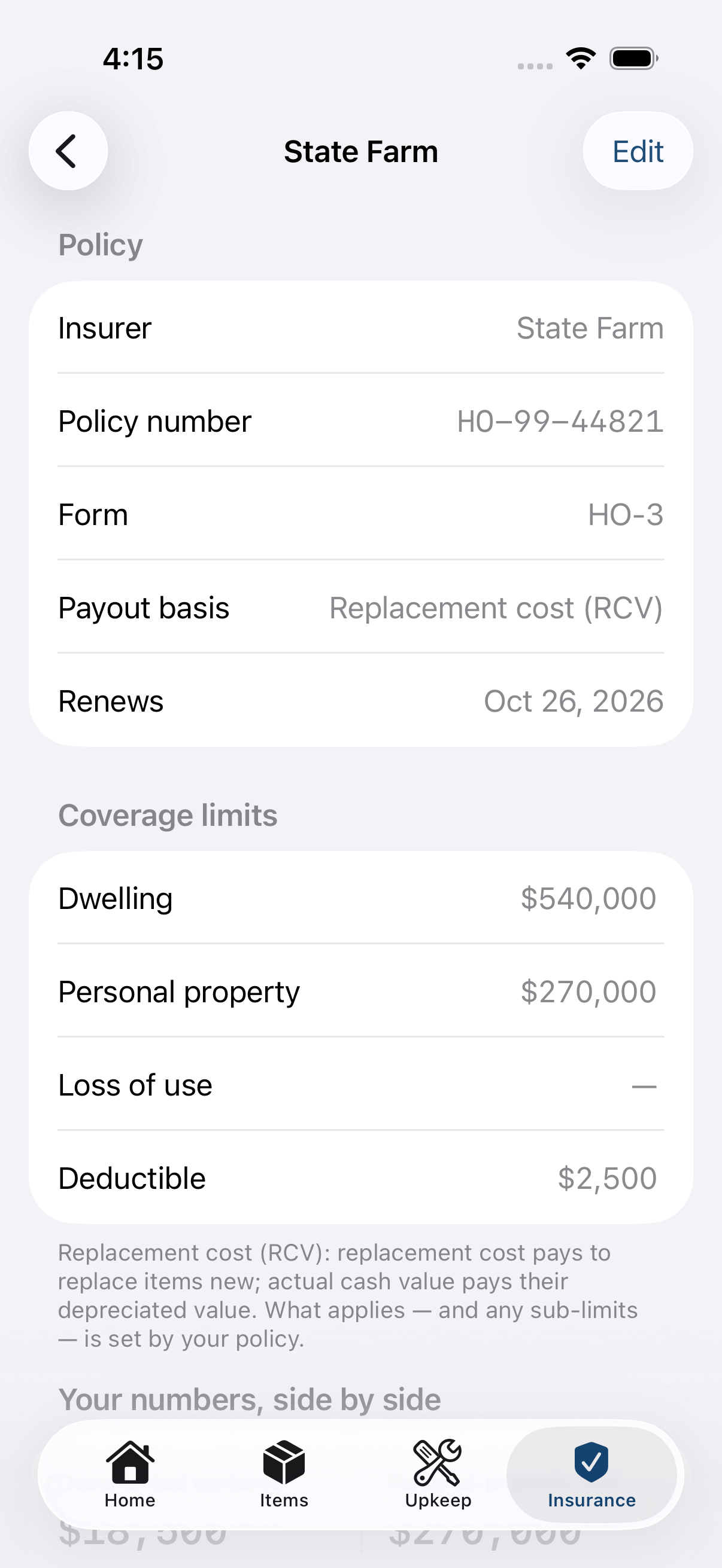 An insurance policy's coverage limits and deductible